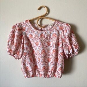 Cynthia Rowley Coral Floral Puff-Sleeve Crop Top